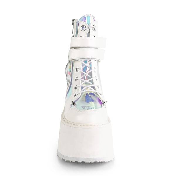 Demonia Women's Damned-115 Platform Boots - White Vegan Leather/Clear Hologram PVC D1620-79US Clearance